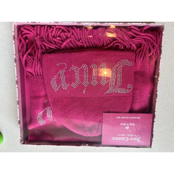 Juicy Couture Hot Pink Keep It Juicy Bling Rhinestones Cute Beanie Scarf Set NIB - Picture 1 of 5
